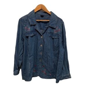 Basic Editions Womens Embroidered Denim Jacket Y2K Retro Western Plus Sz 2X TOP